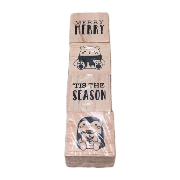 Recollections Set/4 Wood Christmas Stamps 1.25" X 1.25" Each Penguin Bear NWT - Picture 1 of 3